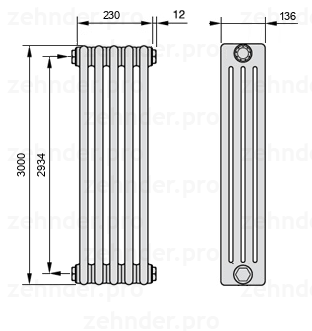 Схема (чертеж) Радиатор Zehnder Charleston 4300/5 №1270 Белый глянцевый RAL 9016